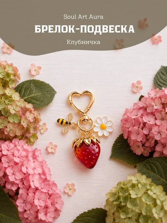 Брелок-обвес «Клубничка и пчёлка» / Аксессуар для сумки с карабином-сердцем - 