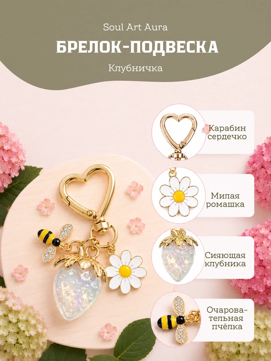 Брелок-обвес «Клубничка и пчёлка» / Аксессуар для сумки с карабином-сердцем