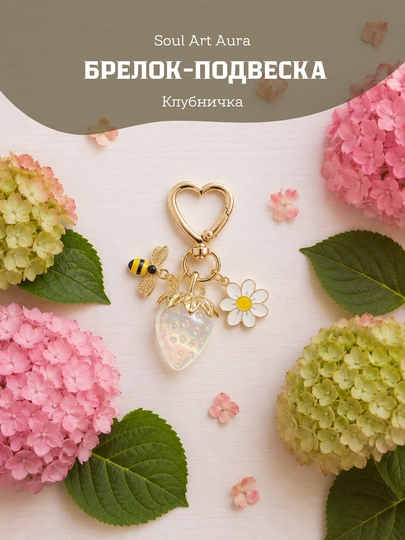Брелок-обвес «Клубничка и пчёлка» / Аксессуар для сумки с карабином-сердцем - 