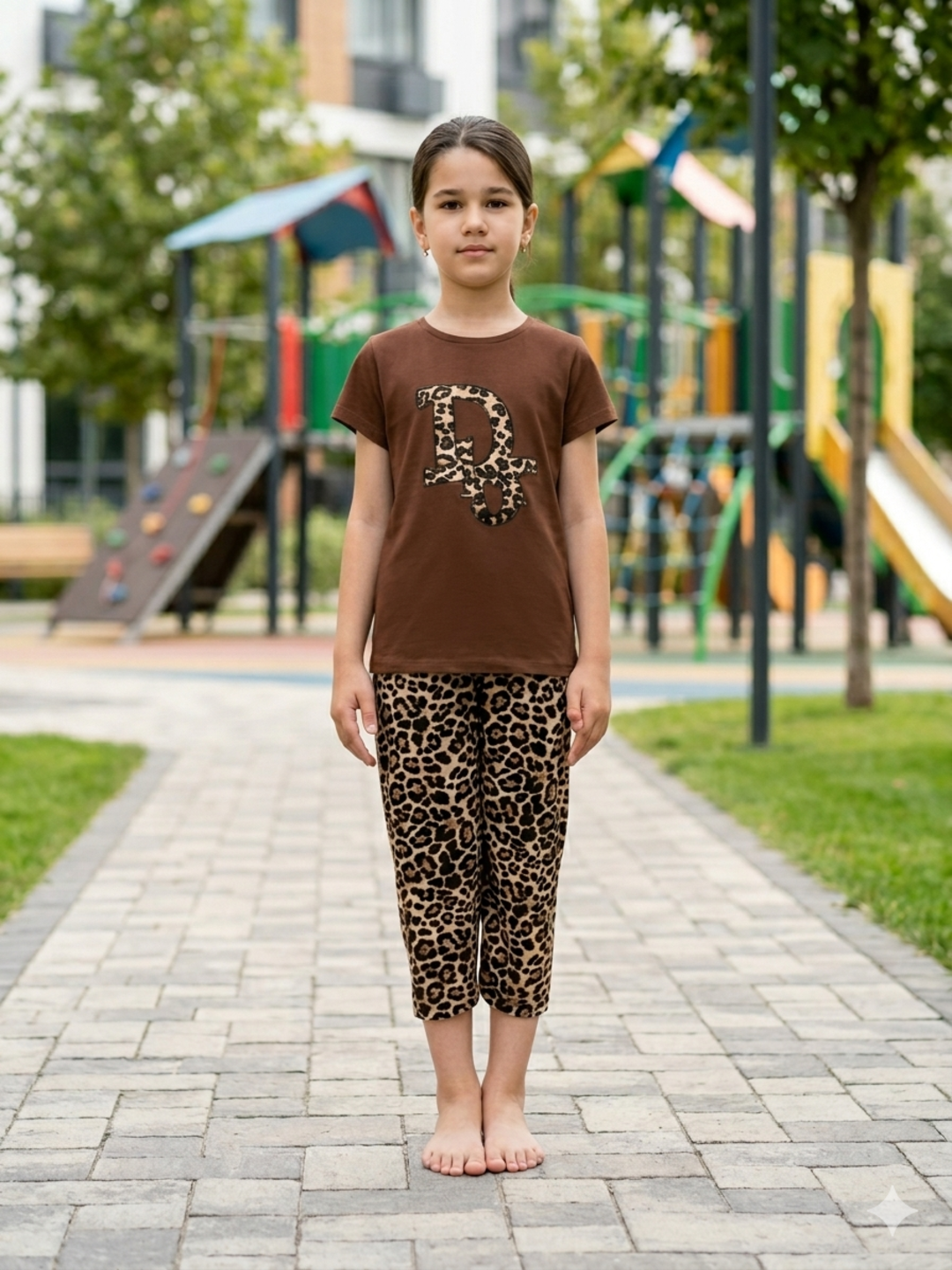 Bolalar uchun leopard vishivkali pijama to‘plami, qisqa yengli futbolka va shim 10-12 yosh - 