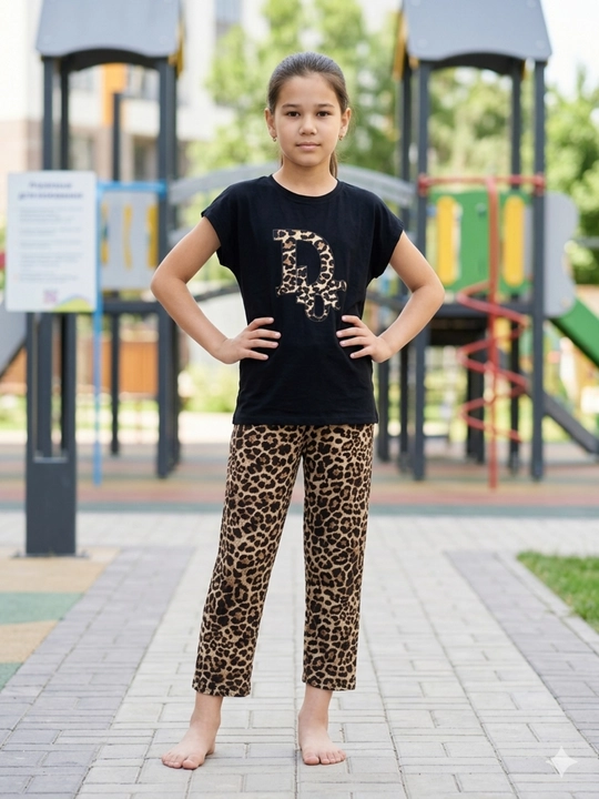 Bolalar uchun leopard vishivkali pijama to‘plami, qisqa yengli futbolka va shim 10-12 yosh