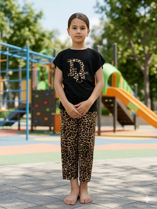 Bolalar uchun leopard vishivkali pijama to‘plami, qisqa yengli futbolka va shim 10-12 yosh - 