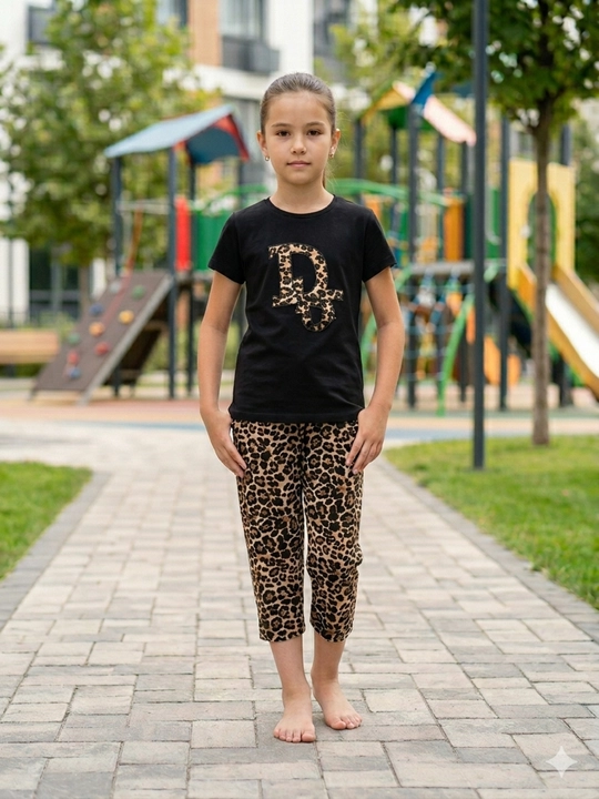Bolalar uchun leopard vishivkali pijama to‘plami, qisqa yengli futbolka va shim 10-12 yosh