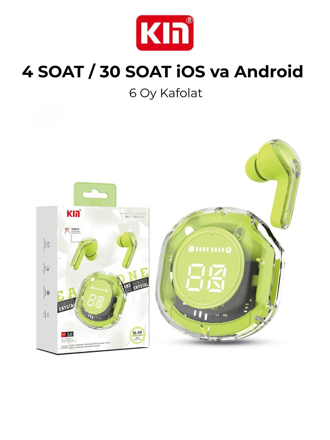 KIN KL59 TWS Bluetooth 400mAh shaffof simsiz quloqchinlar, 6 xil rangda