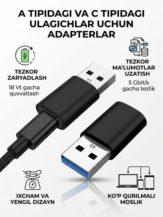 USB-C HUB, USB 3.0, USB-C, HDMI, SD va MicroSD portlari bilan ko‘p funksiyali adapter