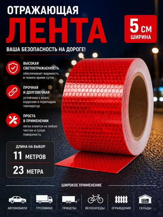 Красная отражающая лента 11–23 метров для автомобиля, велосипеда и мотоцикла - 