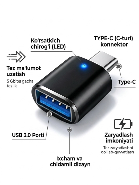 USB-C HUB, USB 3.0, USB-C, HDMI, SD va MicroSD portlari bilan ko‘p funksiyali adapter