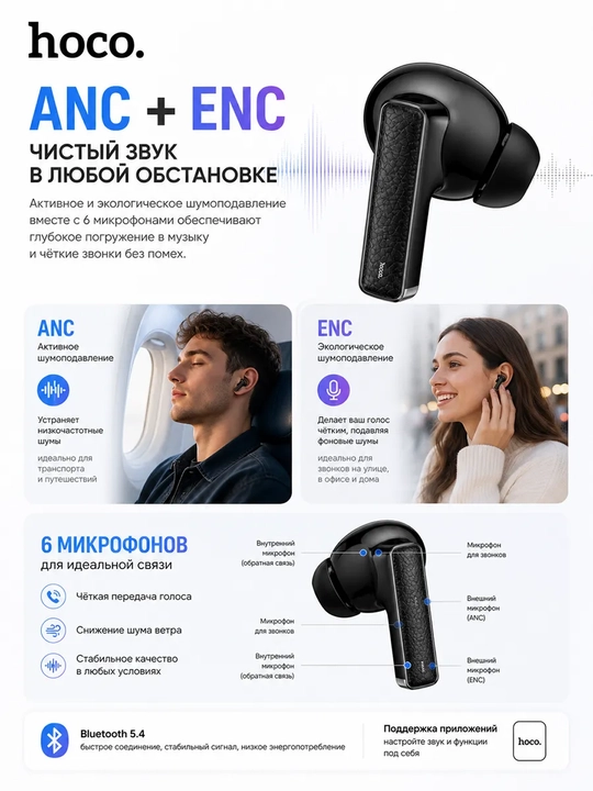 Simsiz Quloqchinlar HOCO EQ35 Rhyme ANC+ENC Bluetooth 5.4, 6 Mikrofon Original TWS Earbuds