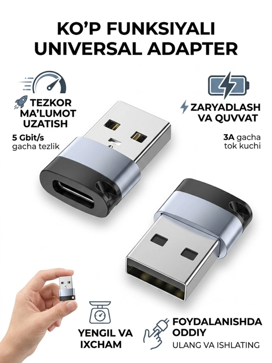 USB-C HUB, USB 3.0, USB-C, HDMI, SD va MicroSD portlari bilan ko‘p funksiyali adapter