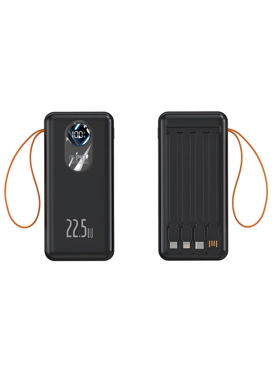Power Bank 20000 mAh 22.5W с ремешком, встроенными кабелями, фонариком и быстрой зарядкой