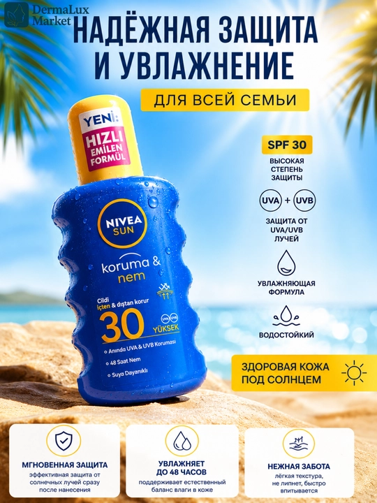 Quyoshdan Himoya Losyoni, Namlovchi, Suvga Chidamli, NIVEA SUN Protect & Moisture SPF 30