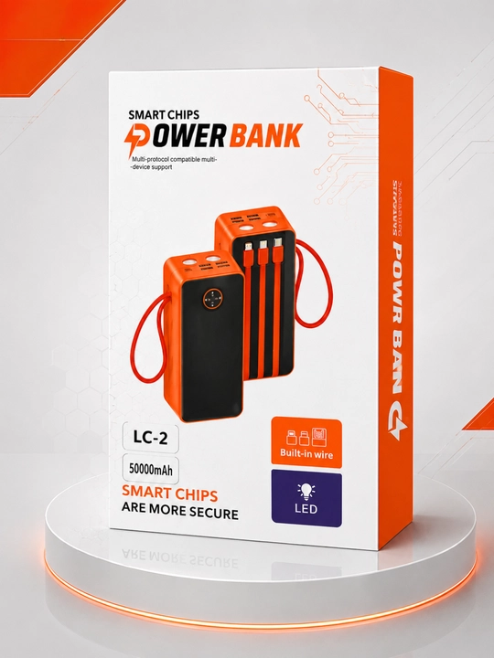 LC-2 Solar Power Bank 50000mAh, с LED фонариком и встроенными кабелями для быстрой зарядки - 