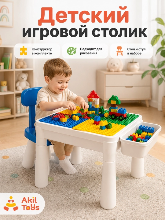 Детский столик и стульчик с лего конструктором 2в1, Akil Toys - 