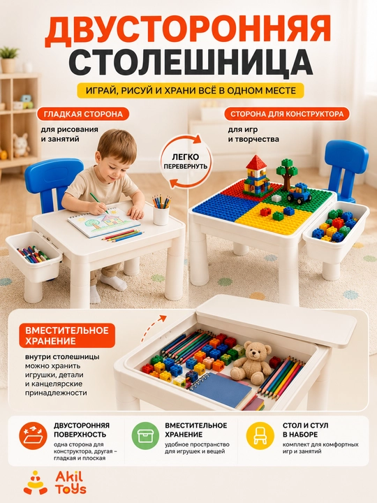 Детский столик и стульчик с лего конструктором 2в1, Akil Toys