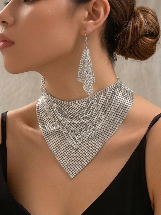 “Chain Armor Chic” kolye va sirg'a-kolchugasi – drapirovkali bo‘yin taqinchog‘i - 