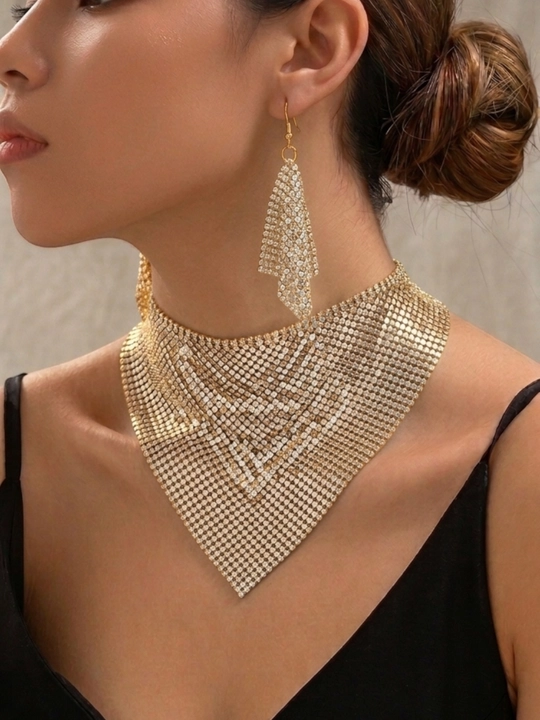 “Chain Armor Chic” kolye va sirg'a-kolchugasi – drapirovkali bo‘yin taqinchog‘i - 