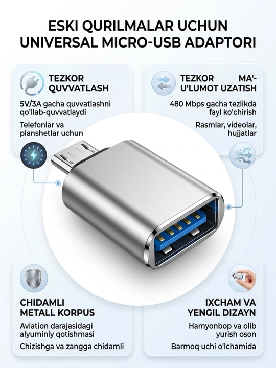 USB-C HUB, USB 3.0, USB-C, HDMI, SD va MicroSD portlari bilan ko‘p funksiyali adapter
