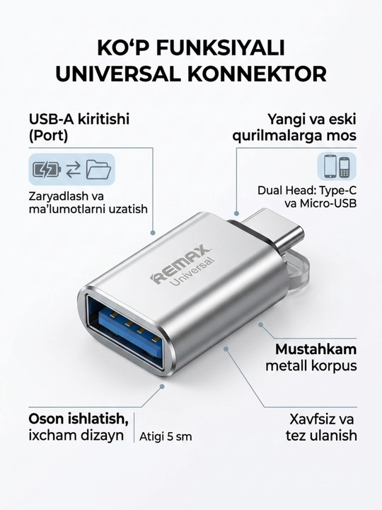 USB-C HUB, USB 3.0, USB-C, HDMI, SD va MicroSD portlari bilan ko‘p funksiyali adapter