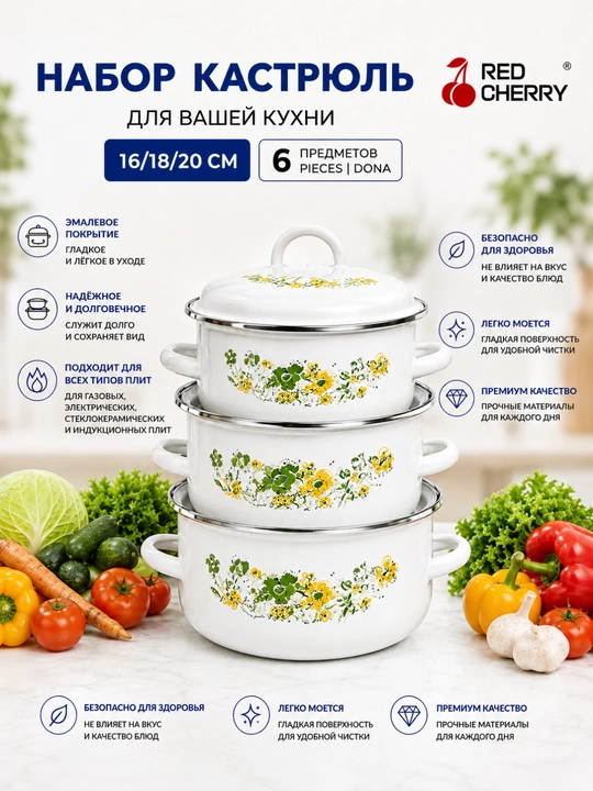 Qopqoqli Sirlangan Kastryulkalar 3 Dona To‘plam, Emal Qozonlar 16/18/20 sm - 