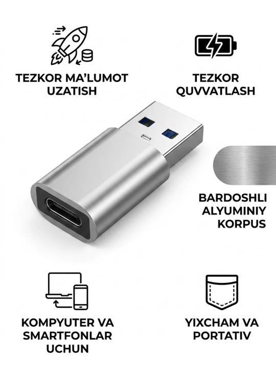 USB-C HUB, USB 3.0, USB-C, HDMI, SD va MicroSD portlari bilan ko‘p funksiyali adapter