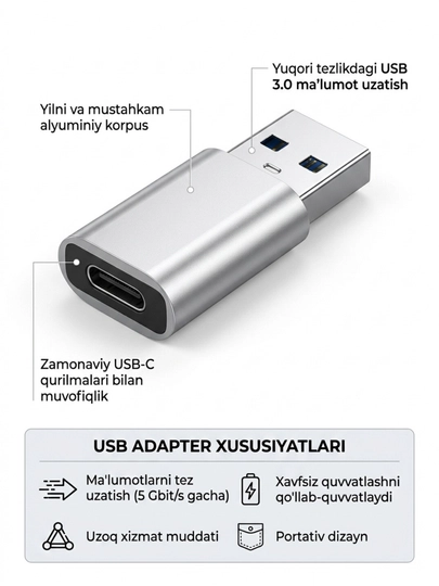 USB-C HUB, USB 3.0, USB-C, HDMI, SD va MicroSD portlari bilan ko‘p funksiyali adapter