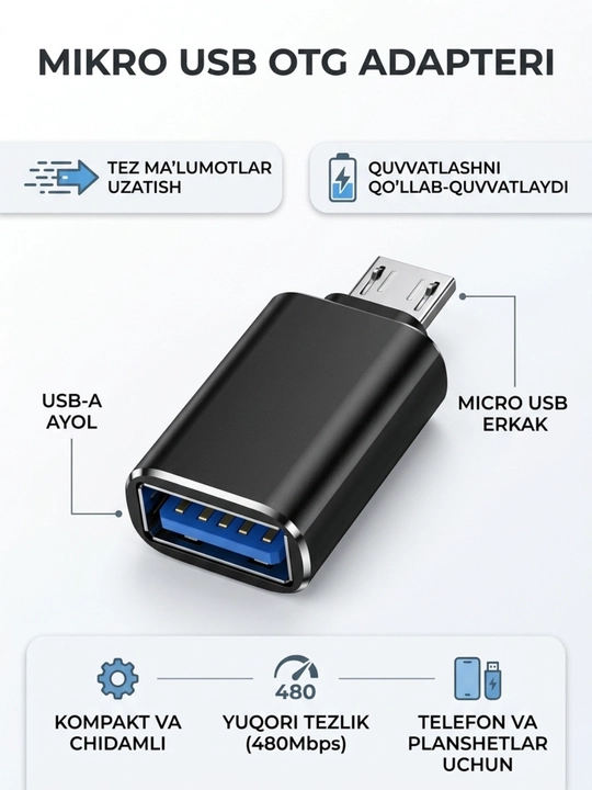 USB-C HUB, USB 3.0, USB-C, HDMI, SD va MicroSD portlari bilan ko‘p funksiyali adapter
