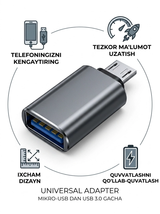 USB-C HUB, USB 3.0, USB-C, HDMI, SD va MicroSD portlari bilan ko‘p funksiyali adapter