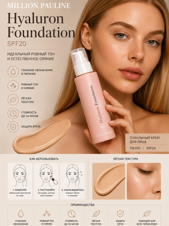 Million Pauline Hyaluron Foundation SPF20 – Namlovchi tonal krem - 