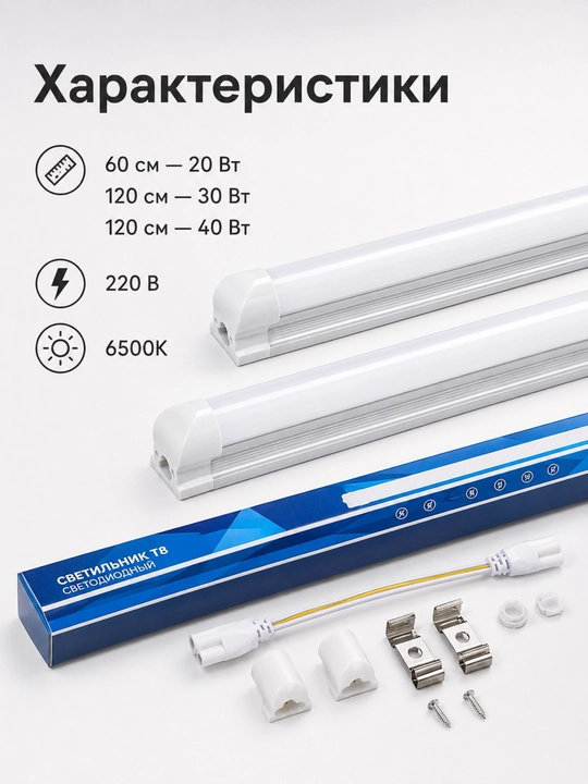 T8 LED chiziqli lampa 60/120sm 20/30/40W 6500K 220V ulash mumkin