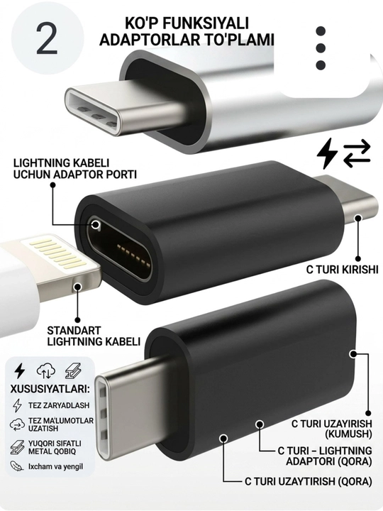 USB-C HUB, USB 3.0, USB-C, HDMI, SD va MicroSD portlari bilan ko‘p funksiyali adapter
