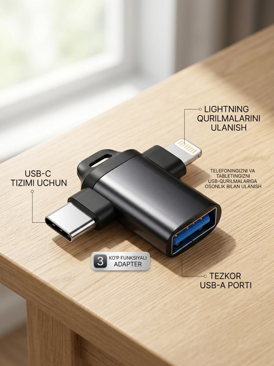 USB-C HUB, USB 3.0, USB-C, HDMI, SD va MicroSD portlari bilan ko‘p funksiyali adapter