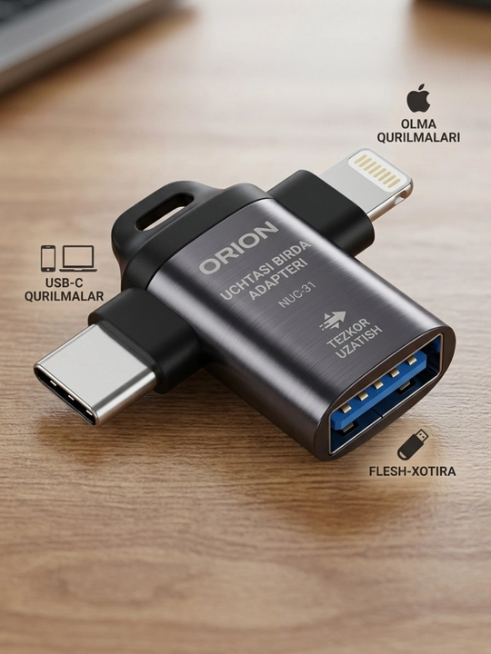 USB-C HUB, USB 3.0, USB-C, HDMI, SD va MicroSD portlari bilan ko‘p funksiyali adapter
