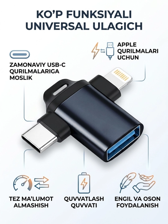USB-C HUB, USB 3.0, USB-C, HDMI, SD va MicroSD portlari bilan ko‘p funksiyali adapter