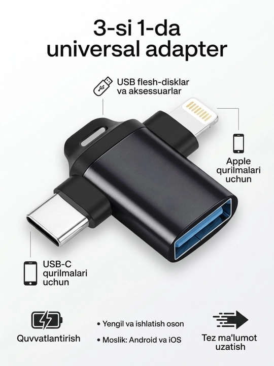USB-C HUB, USB 3.0, USB-C, HDMI, SD va MicroSD portlari bilan ko‘p funksiyali adapter