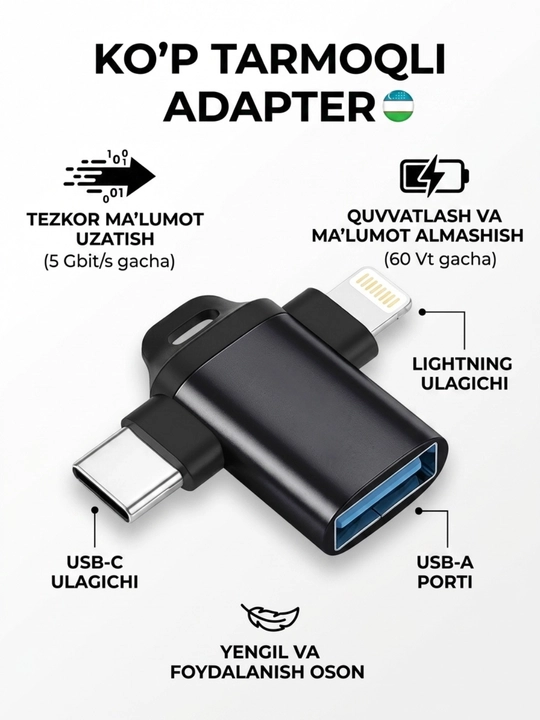 USB-C HUB, USB 3.0, USB-C, HDMI, SD va MicroSD portlari bilan ko‘p funksiyali adapter
