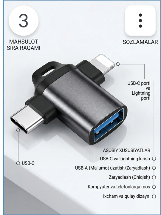 USB-C HUB, USB 3.0, USB-C, HDMI, SD va MicroSD portlari bilan ko‘p funksiyali adapter