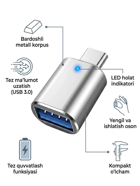 USB-C HUB, USB 3.0, USB-C, HDMI, SD va MicroSD portlari bilan ko‘p funksiyali adapter