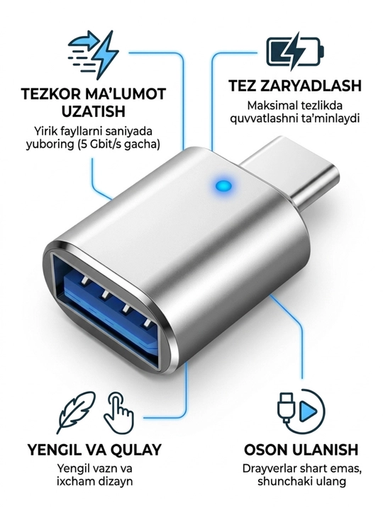 USB-C HUB, USB 3.0, USB-C, HDMI, SD va MicroSD portlari bilan ko‘p funksiyali adapter