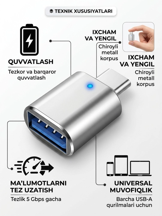 USB-C HUB, USB 3.0, USB-C, HDMI, SD va MicroSD portlari bilan ko‘p funksiyali adapter