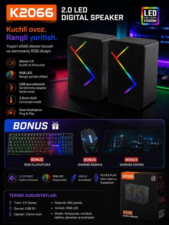 To‘plamga K2066 RGB LED 2.0 karnay, RGB klaviatura va o‘yin sichqonchasi kiradi - 