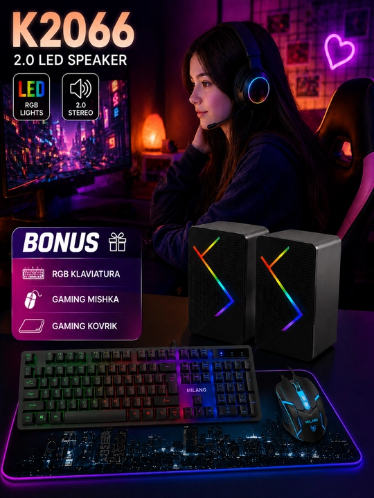 To‘plamga K2066 RGB LED 2.0 karnay, RGB klaviatura va o‘yin sichqonchasi kiradi