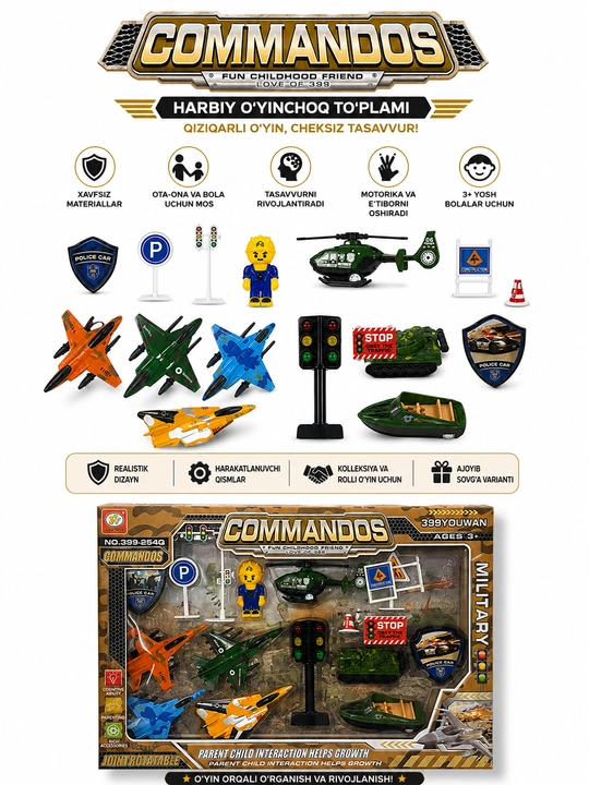 Commandos harbiy o‘yinchoq to‘plami, samolyot va texnikali bolalar uchun set - 