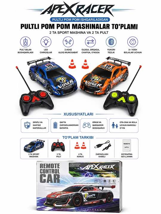 Pultli sport mashinalar to‘plami, 2 ta RC racing car va boshqaruv pultlari bilan - 