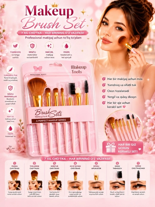 MAKE UP Brush Set 7in1, professional makiyaj uchun bir qadam