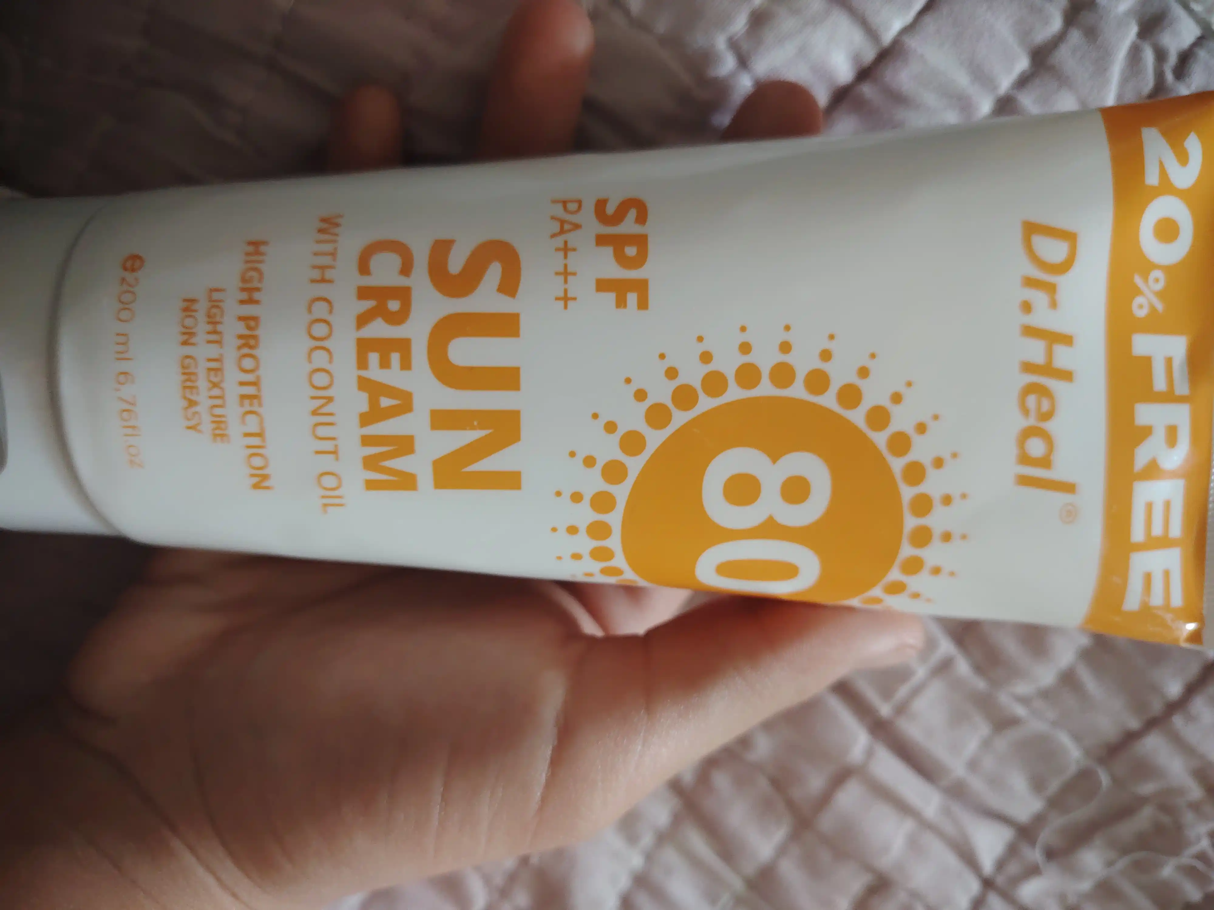 Dr. Heal SPF 80 PA+++ quyoshdan himoya kremi, E vitamini va kokos moyi, 200 ml