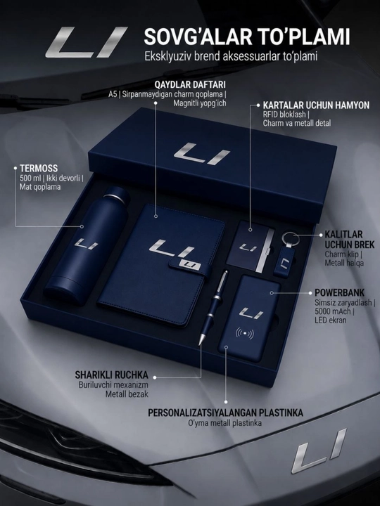 Erkaklar va ayollar uchun sovg‘a to‘plami: bloknot,ruchka,powerbank,termos,brelok,vizitka - 