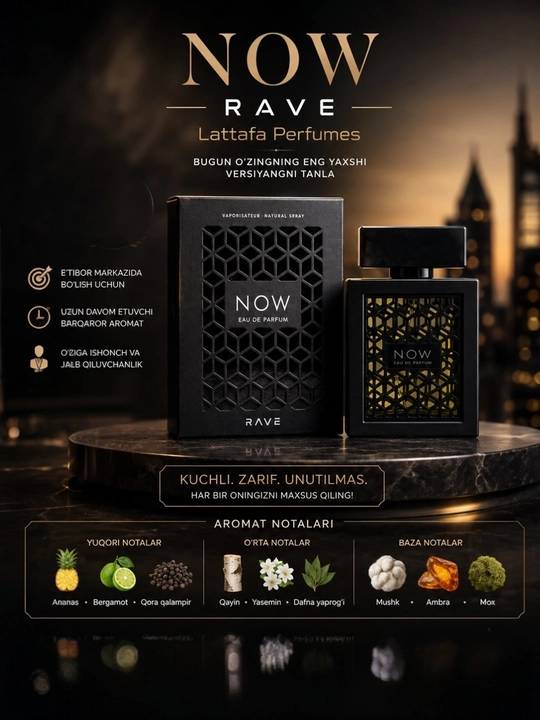 NOW RAVE, Lattafa, erkaklar uchun elegant va unikal sharqona ifor, 100 ml