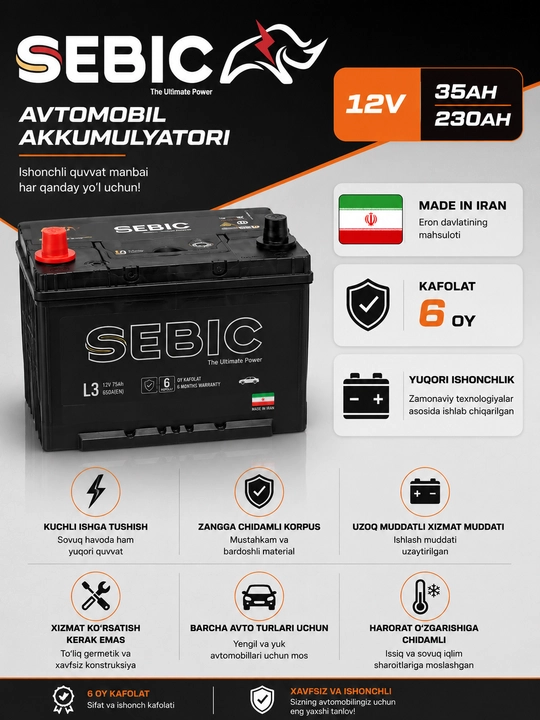 SEBIC avtomobil akkumulyatori 12V 35A–225A Eron mahsuloti 6 oy kafolat