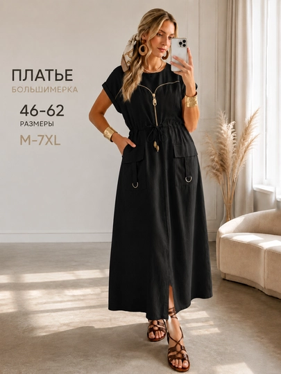 Женское длинное платье DEGO, размеры 46–62 (M–7XL) свободный крой, с карманами, на молнии — DEGO-207-ЧЕРН-50
