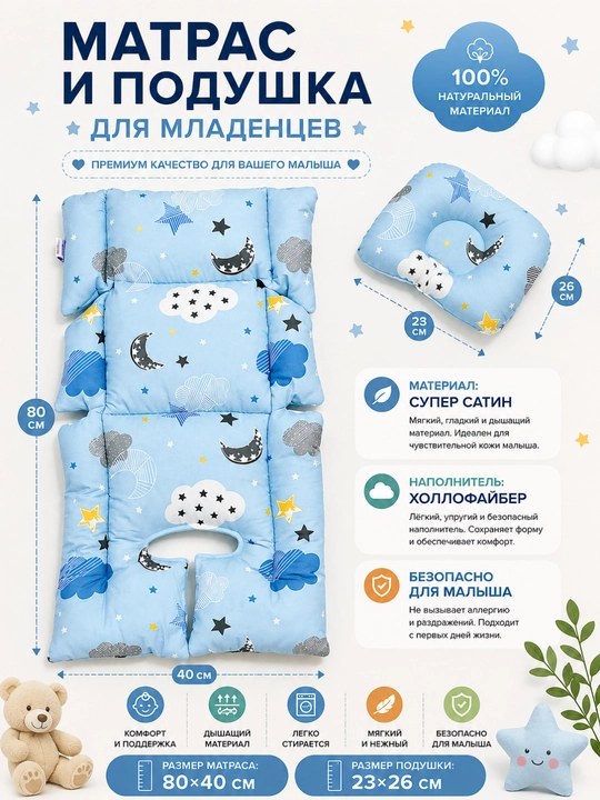 Матрас и подушка для детской коляски, вкладыш в автокресло, в шезлонг, на стульчик